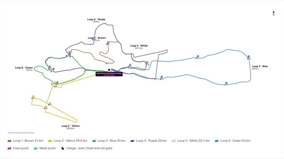 Six course loops around Butheeb village, including colour labels, distances, crew points and water points.